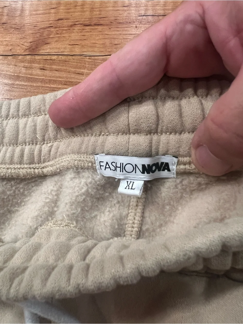 Fashion Nova Beige Joggers with Red 'New York' Graphic and White Side Stripe
